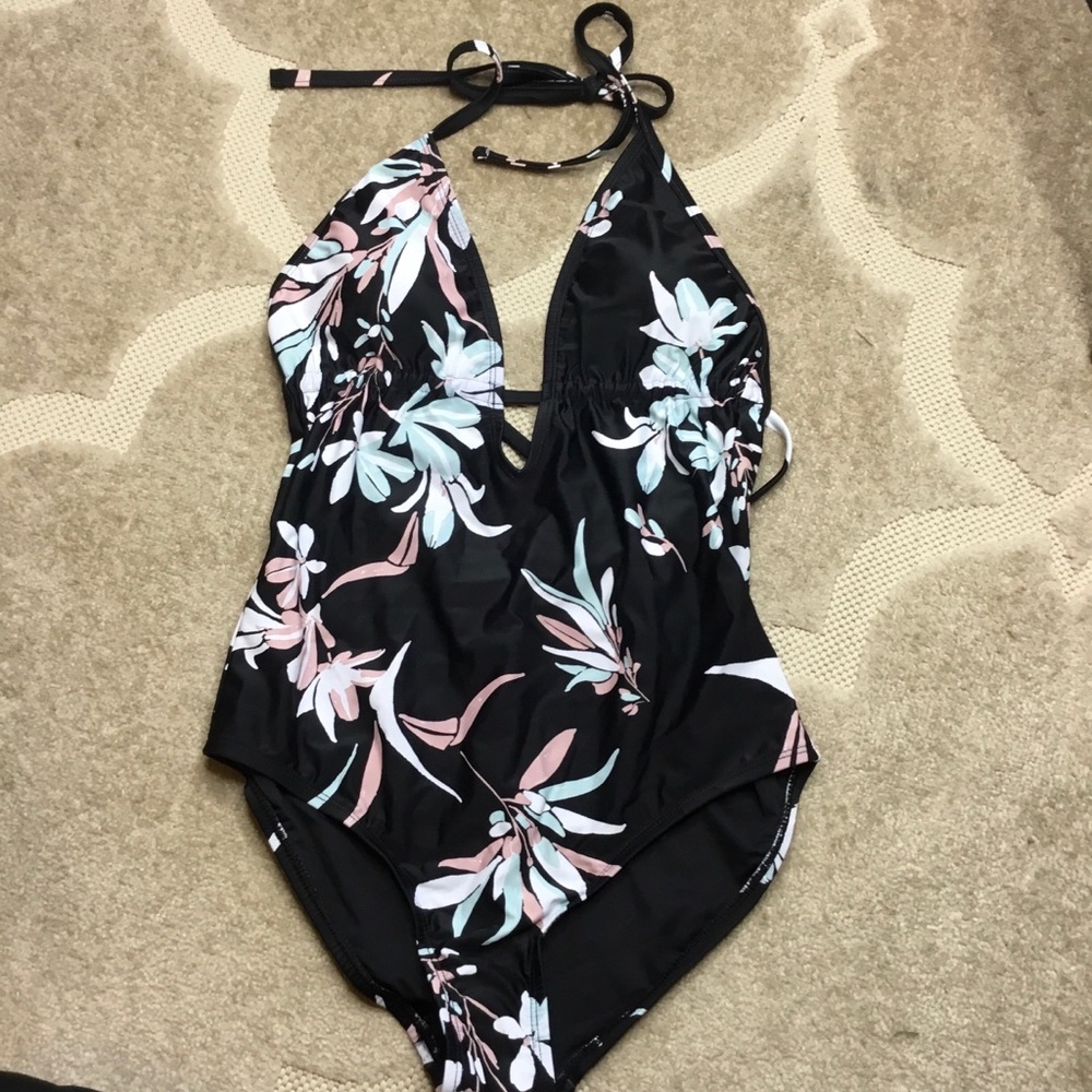 Coastal Blue Black Floral One Piece Swimsuit